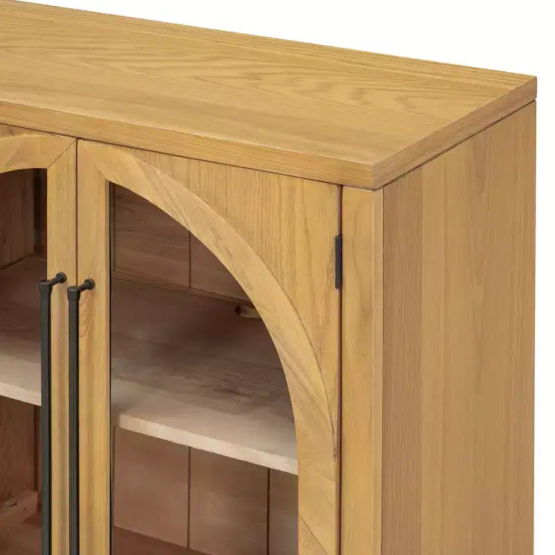 Bahut buffet 4 portes Luxystar avec grand rangement, portes en verre et étagères réglables pour salle à manger et salon, bois naturel