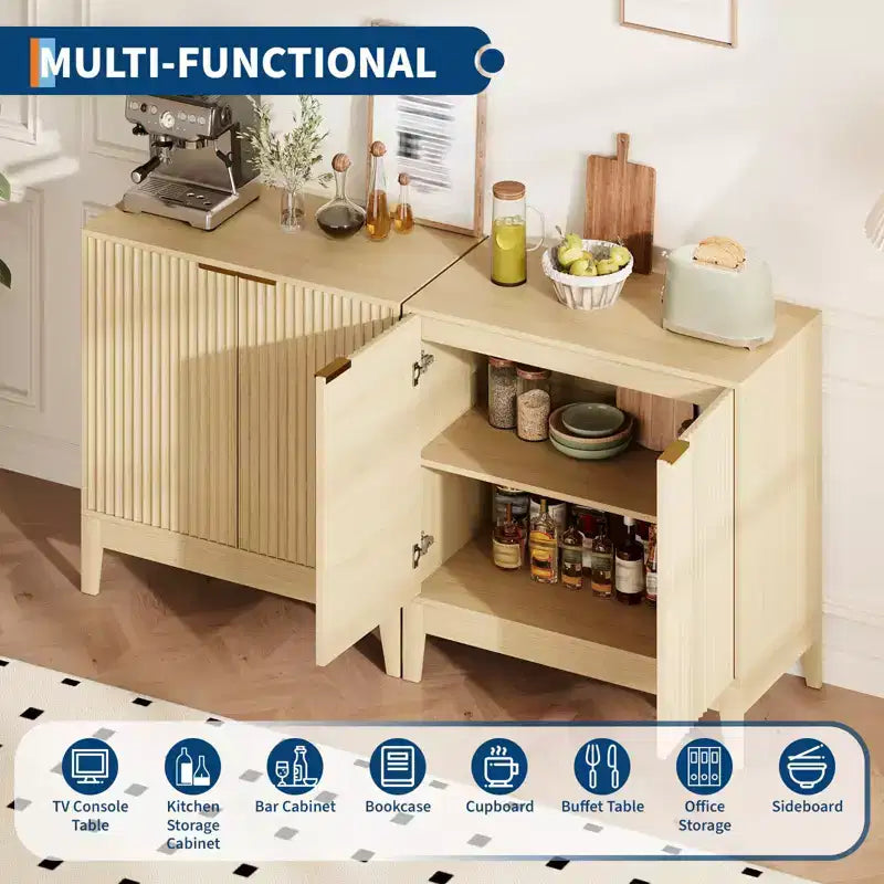 CuisinSmart Mobile Contenitore a Scanalature da 31.5 Pollici con Maniglie Dorate, Ripiano Regolabile, Credenza Finitura Rovere, Madia Moderna per Sala da Pranzo Cucina