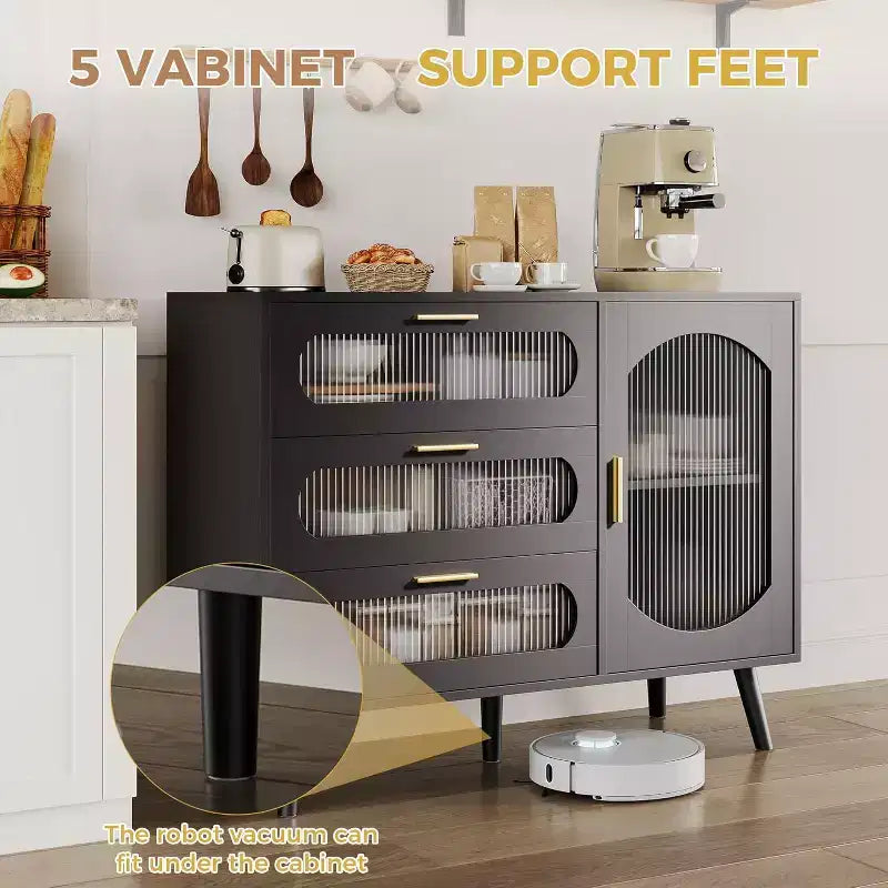 COZONY Sideboard Buffet Cabinet with Fluted Glass Doors, Modern Storage Cabinet with Drawers for Dining Room, Kitchen, and Entryway Organization