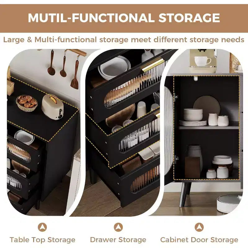 COZONY Madia Credenza con ante in vetro scanalato, Mobile contenitore moderno con cassetti per sala da pranzo, cucina e ingresso