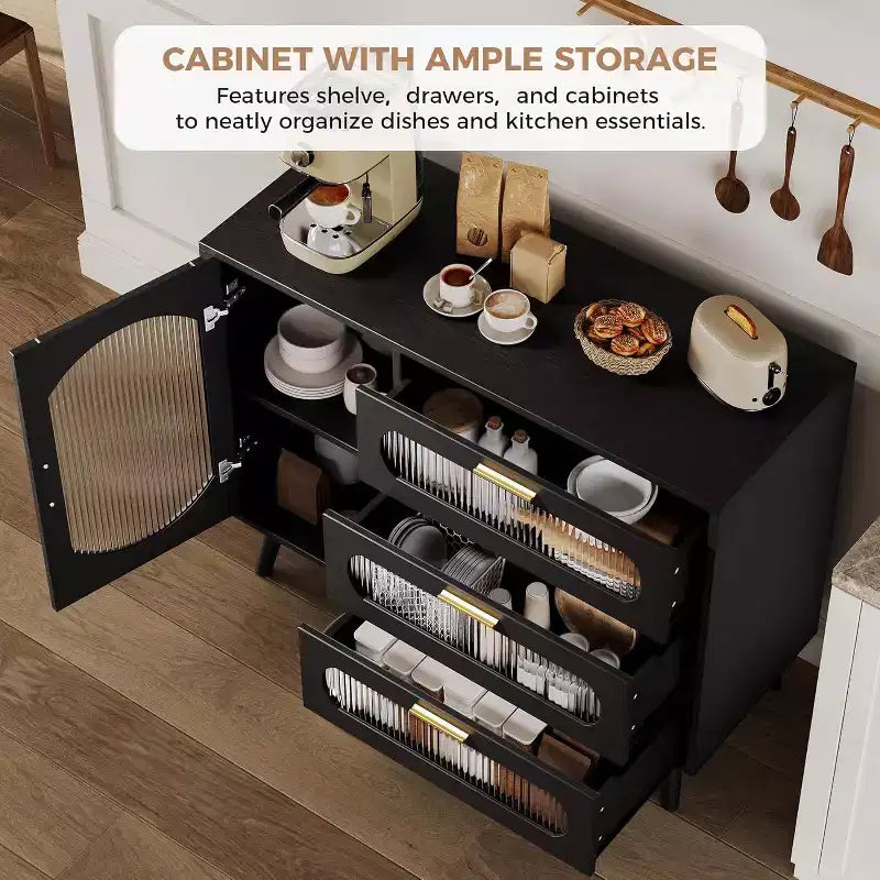 COZONY Madia Credenza con ante in vetro scanalato, Mobile contenitore moderno con cassetti per sala da pranzo, cucina e ingresso