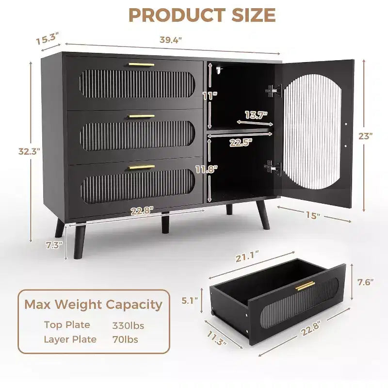 COZONY Madia Credenza con ante in vetro scanalato, Mobile contenitore moderno con cassetti per sala da pranzo, cucina e ingresso