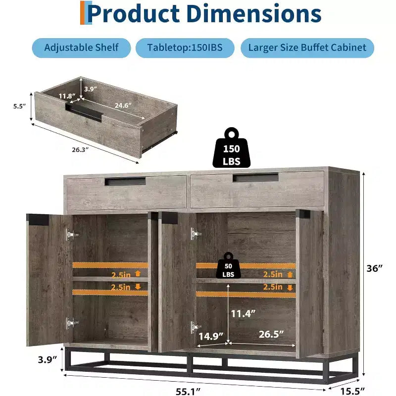 COZONY 55 Mobile Credenza Buffet, Grande Armadio da Cucina con 2 Cassetti e 4 Ante, Tavolino da Caffè per Sala da Pranzo