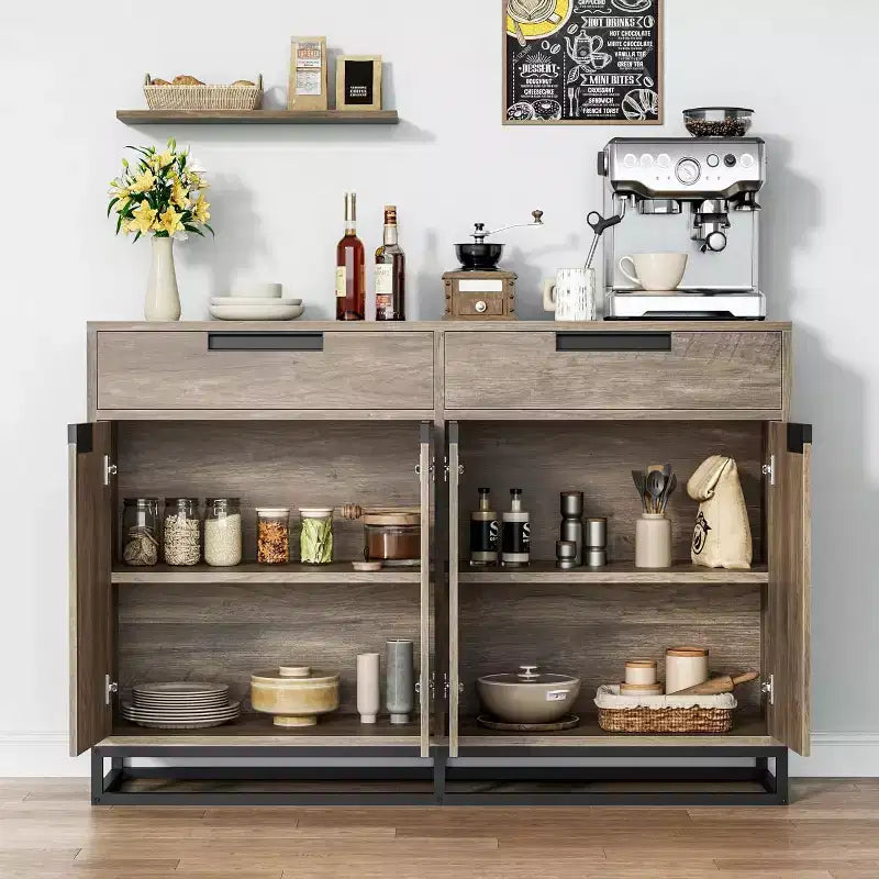 COZONY 55 Buffet enfilade, Grand meuble de rangement de cuisine avec 2 tiroirs et 4 portes, Table de bar à café pour salle à manger