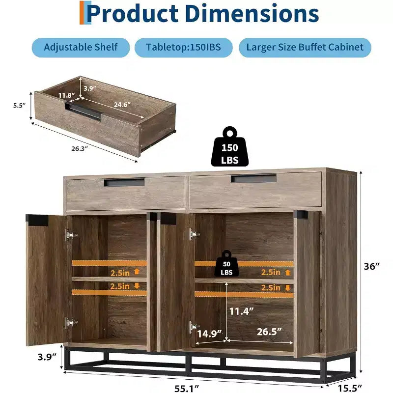 COZONY 55 Mobile Credenza Buffet, Grande Armadio da Cucina con 2 Cassetti e 4 Ante, Tavolino da Caffè per Sala da Pranzo