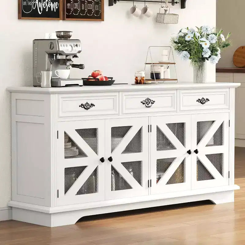 CuisinSmart 63 Buffet Cabinet with Storage with 3 Drawers & 4 Mesh Barn Doors, Modern Farmhouse Coffee Bar Buffet Table with Charging Station