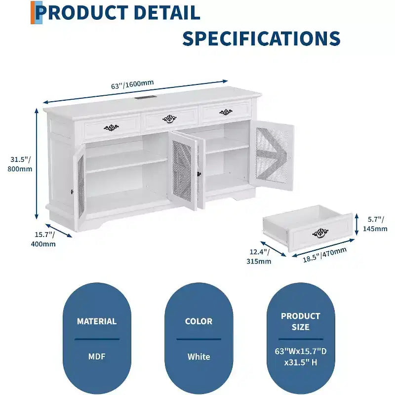 CuisinSmart 63 Buffet avec Rangement, 3 Tiroirs et 4 Portes de Grange en Maille, Table de Buffet Bar à Café Style Ferme Moderne avec Station de Charge