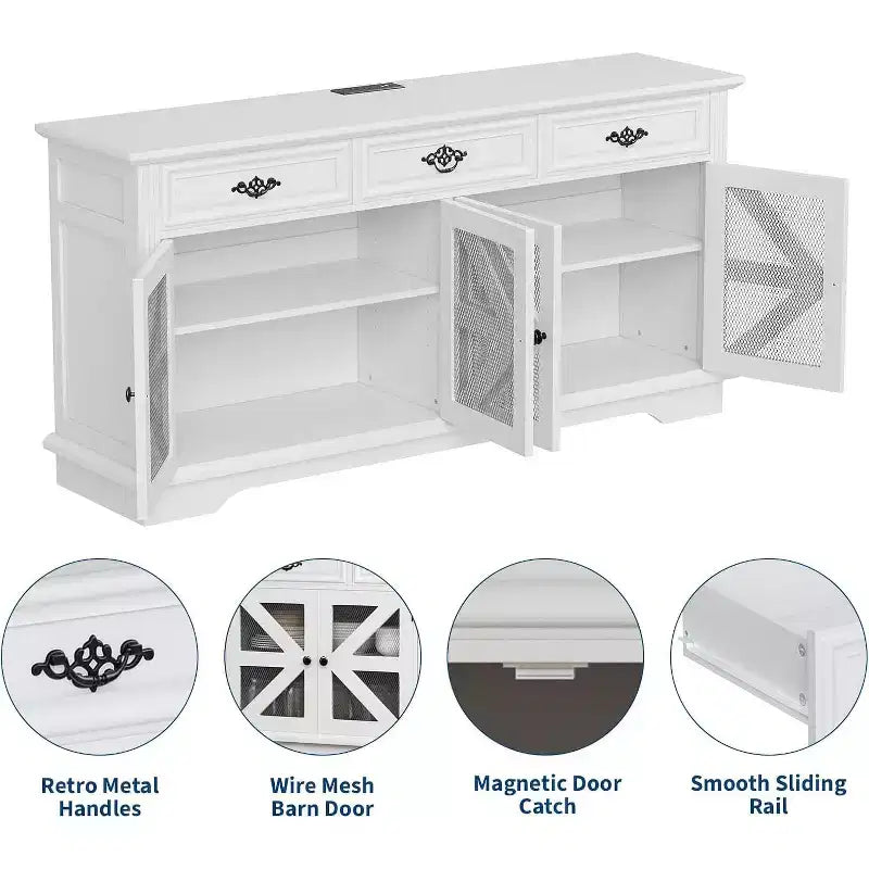 CuisinSmart 63 Buffet avec Rangement, 3 Tiroirs et 4 Portes de Grange en Maille, Table de Buffet Bar à Café Style Ferme Moderne avec Station de Charge