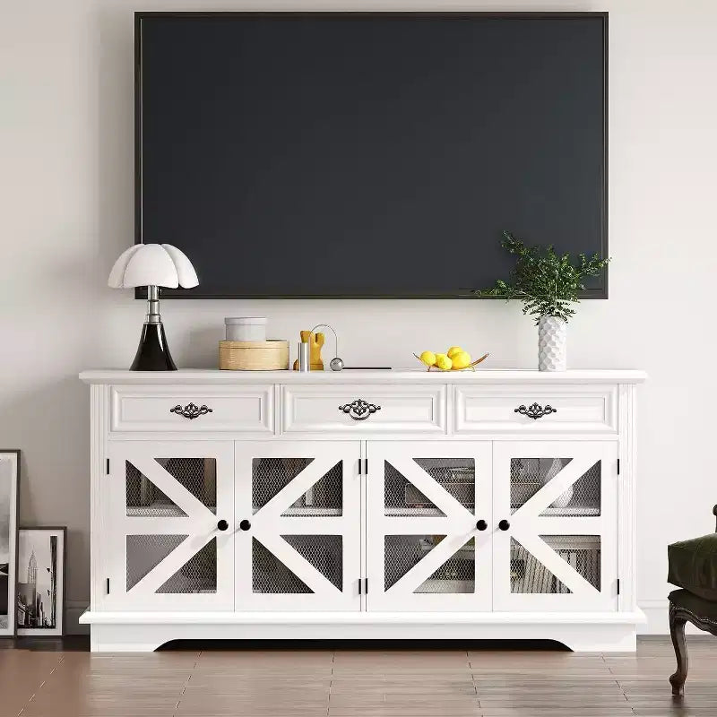 CuisinSmart 63 Buffet avec Rangement, 3 Tiroirs et 4 Portes de Grange en Maille, Table de Buffet Bar à Café Style Ferme Moderne avec Station de Charge