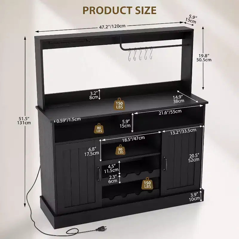 Mobile Bar Acekool 47, Stile Rustico, Grigio, con Portabottiglie e Ripiani Regolabili, per Cucina e Sala da Pranzo