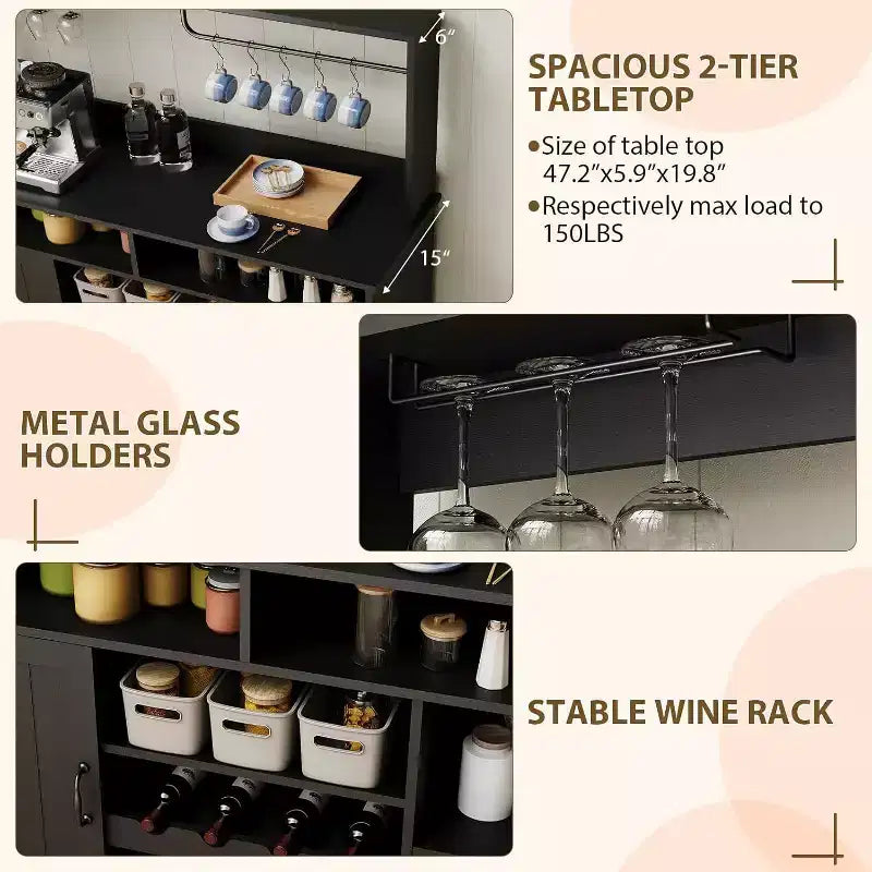Mobile Bar Acekool 47, Stile Rustico, Grigio, con Portabottiglie e Ripiani Regolabili, per Cucina e Sala da Pranzo