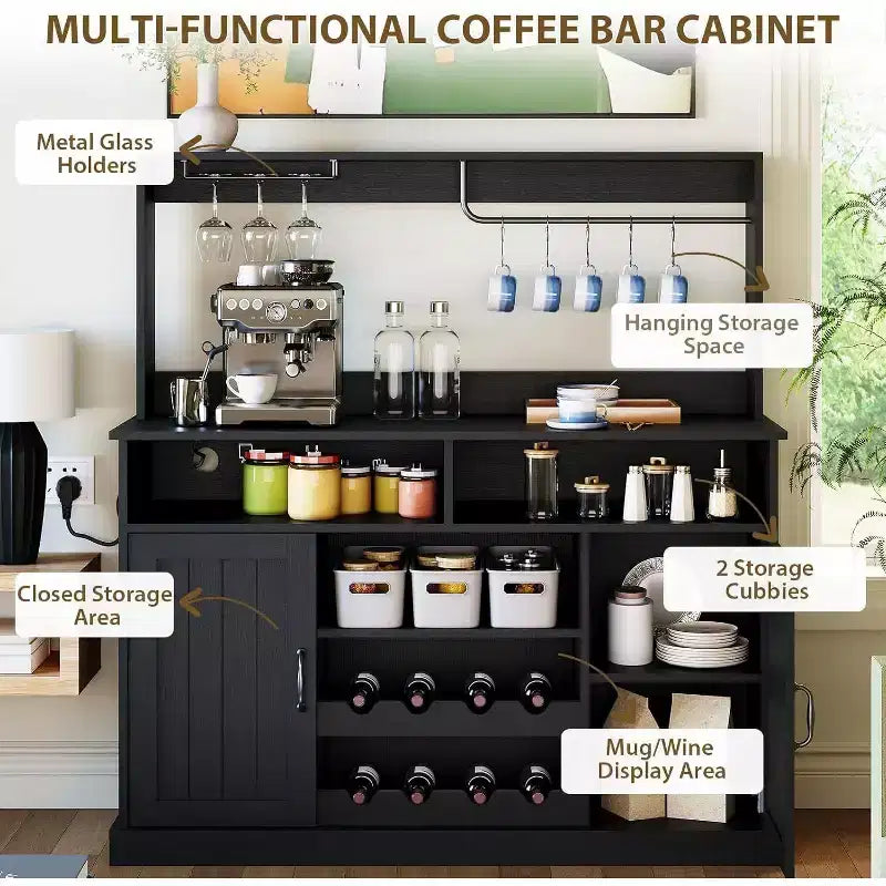 Mobile Bar Acekool 47, Stile Rustico, Grigio, con Portabottiglie e Ripiani Regolabili, per Cucina e Sala da Pranzo