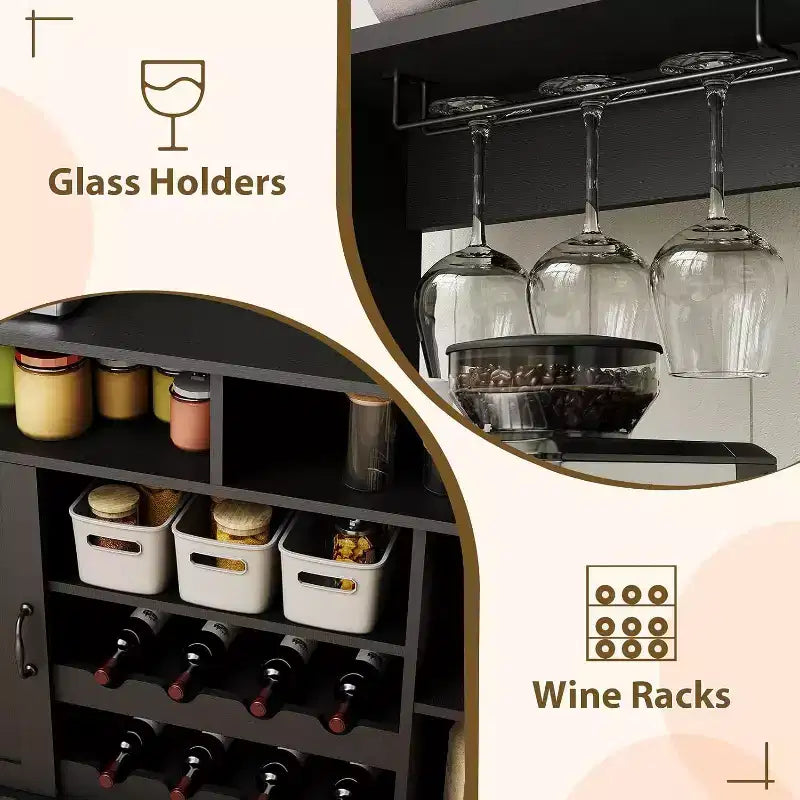 Mobile Bar Acekool 47, Stile Rustico, Grigio, con Portabottiglie e Ripiani Regolabili, per Cucina e Sala da Pranzo
