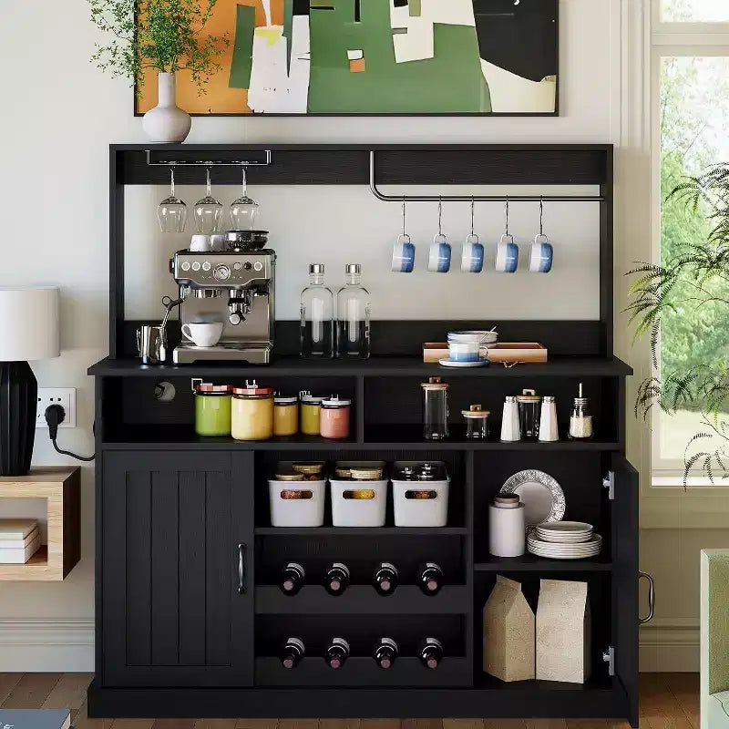 Mobile Bar Acekool 47, Stile Rustico, Grigio, con Portabottiglie e Ripiani Regolabili, per Cucina e Sala da Pranzo