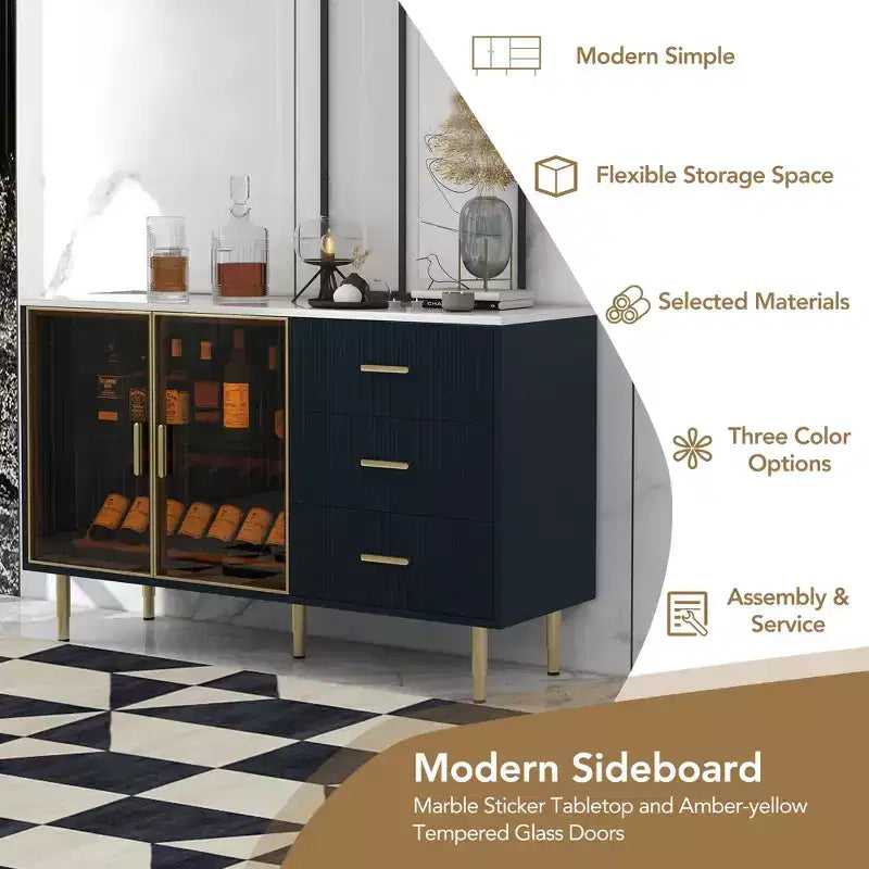 GDFStudio Vincent 60 Buffet/Bahut Moderne avec Portes en Verre Trempé et Dessus Effet Marbre