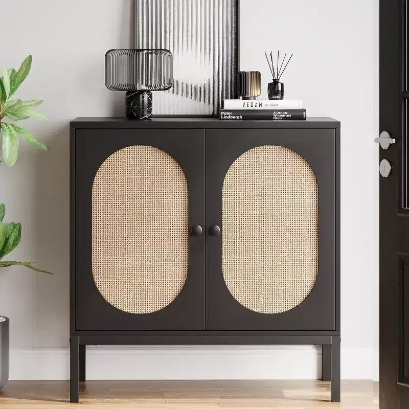 Acekool Set di 2 Madie in Rattan con Ripiani Regolabili, Credenze da Cucina con Piano d'Appoggio per Soggiorno, Corridoio, Sala da Pranzo