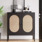 Acekool Set di 2 Madie in Rattan con Ripiani Regolabili, Credenze da Cucina con Piano d'Appoggio per Soggiorno, Corridoio, Sala da Pranzo