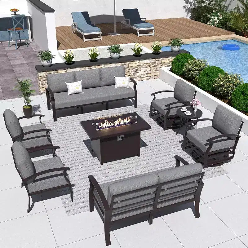 ALAULM Set Mobili da Giardino in Alluminio con Tavolo Braciere a Propano 10 Posti Mobili da Esterno in Metallo Grigio