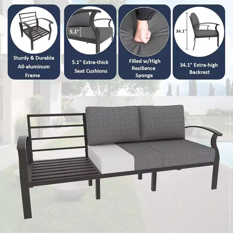 ALAULM Set Mobili da Giardino in Alluminio con Tavolo Braciere a Propano 10 Posti Mobili da Esterno in Metallo Grigio