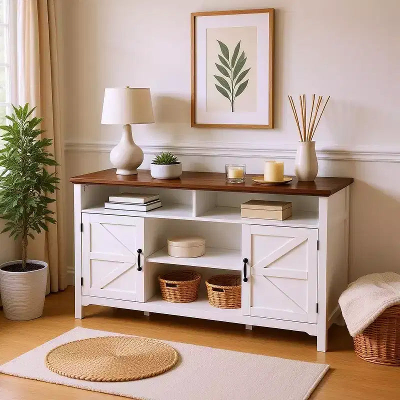 Homy Casa White Farmhouse Sideboard Buffet Cabinet with Storage Shelves and Sliding Door