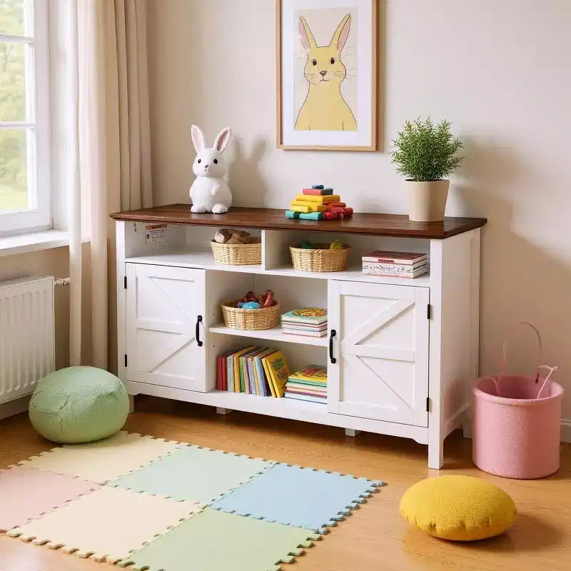 Homy Casa Buffet de style rustique blanc avec étagères de rangement et porte coulissante