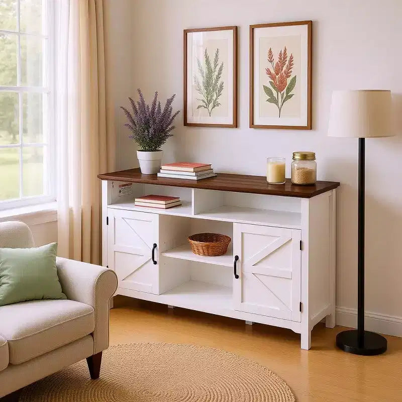 Homy Casa Buffet de style rustique blanc avec étagères de rangement et porte coulissante
