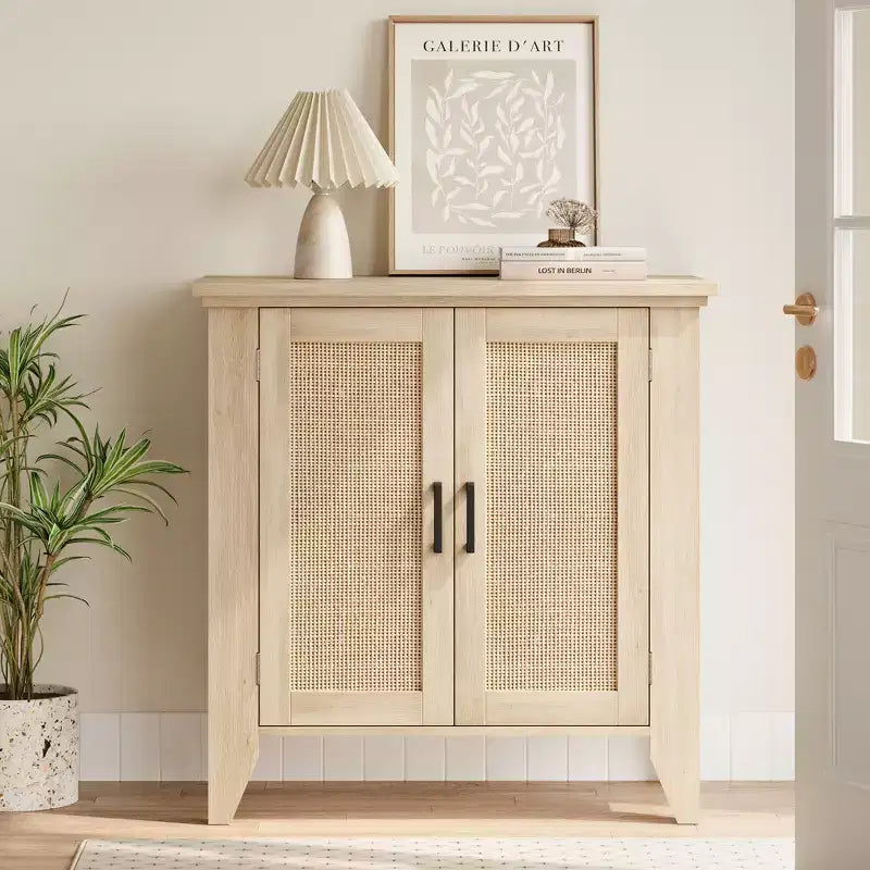 30 Rattan Sideboard Buffet Cabinet with Doors and Shelves, Wood Accent Console Cabinet for Living Room, Dining Room, Kitchen, Natural Oak