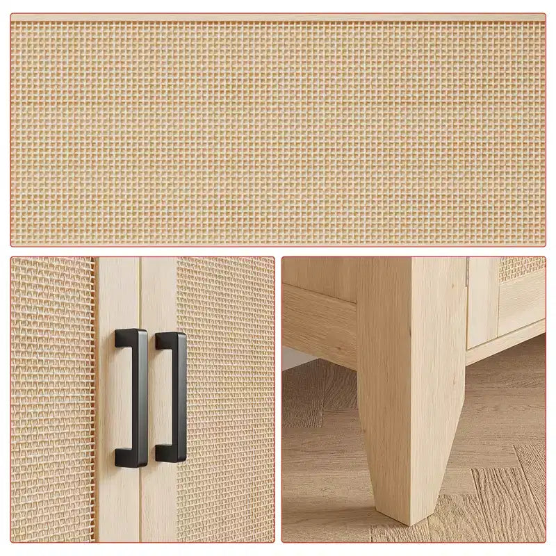Madia Credenza Rattan da 76cm con Ante e Ripiani, Mobile Consolle in Legno per Soggiorno, Sala da Pranico, Cucina, Rovere Naturale
