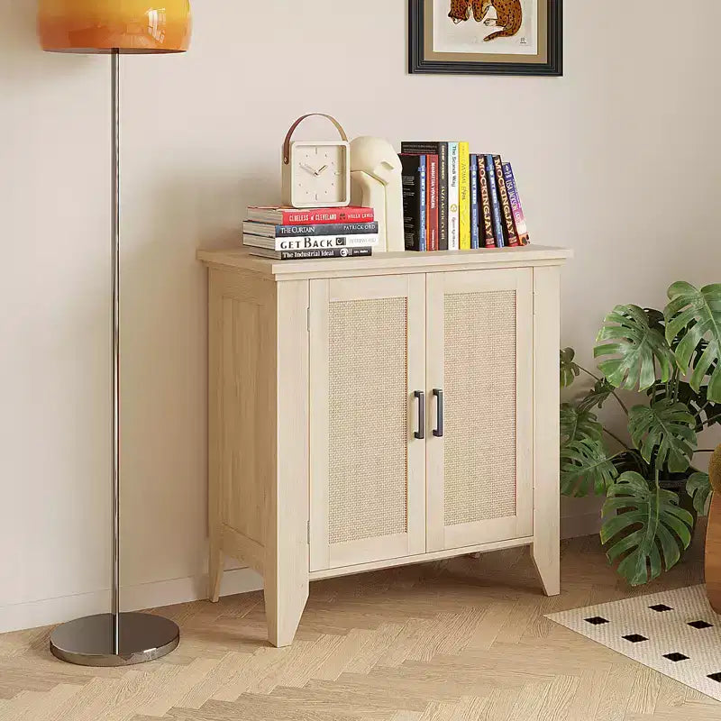 Madia Credenza Rattan da 76cm con Ante e Ripiani, Mobile Consolle in Legno per Soggiorno, Sala da Pranico, Cucina, Rovere Naturale