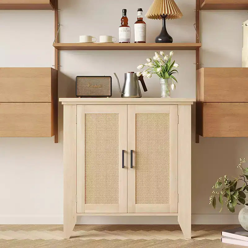 Madia Credenza Rattan da 76cm con Ante e Ripiani, Mobile Consolle in Legno per Soggiorno, Sala da Pranico, Cucina, Rovere Naturale