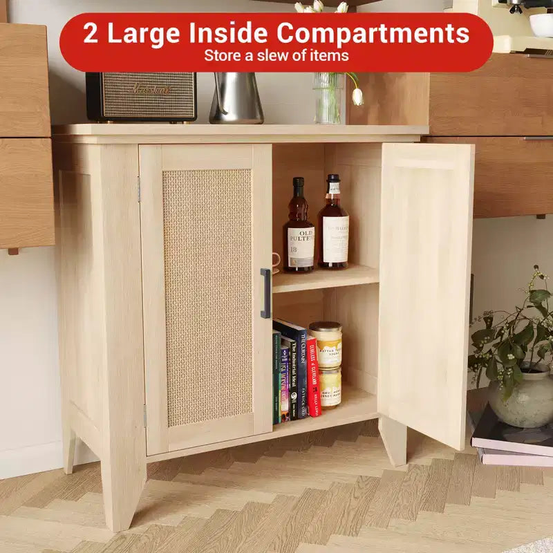 Madia Credenza Rattan da 76cm con Ante e Ripiani, Mobile Consolle in Legno per Soggiorno, Sala da Pranico, Cucina, Rovere Naturale