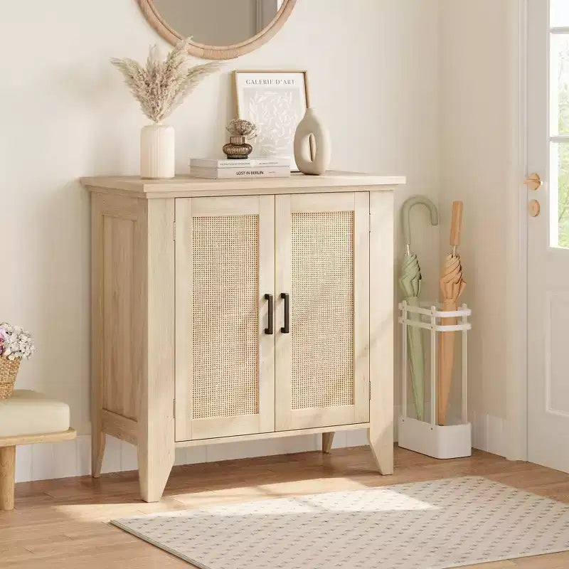 Madia Credenza Rattan da 76cm con Ante e Ripiani, Mobile Consolle in Legno per Soggiorno, Sala da Pranico, Cucina, Rovere Naturale