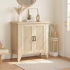 Madia Credenza Rattan da 76cm con Ante e Ripiani, Mobile Consolle in Legno per Soggiorno, Sala da Pranico, Cucina, Rovere Naturale