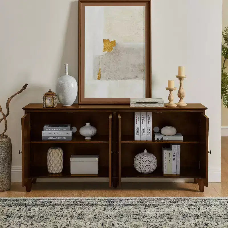 Madia buffet Okak Mid Century, mobile credenza con 4 ante e 4 ripiani, armadietto contenitore per soggiorno, ingresso, ufficio