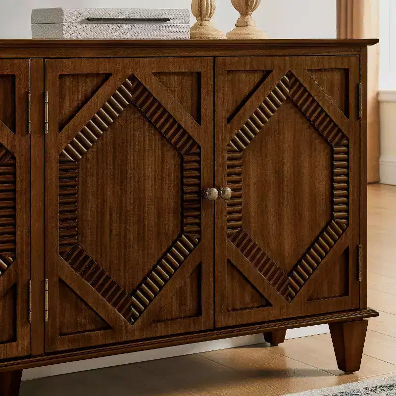 Madia buffet Okak Mid Century, mobile credenza con 4 ante e 4 ripiani, armadietto contenitore per soggiorno, ingresso, ufficio