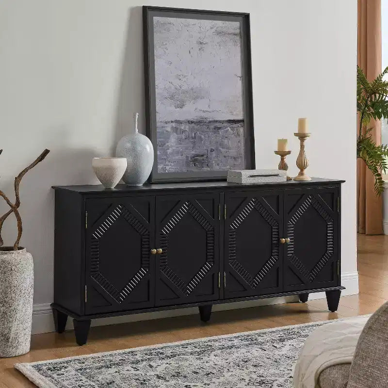 Madia buffet Okak Mid Century, mobile credenza con 4 ante e 4 ripiani, armadietto contenitore per soggiorno, ingresso, ufficio