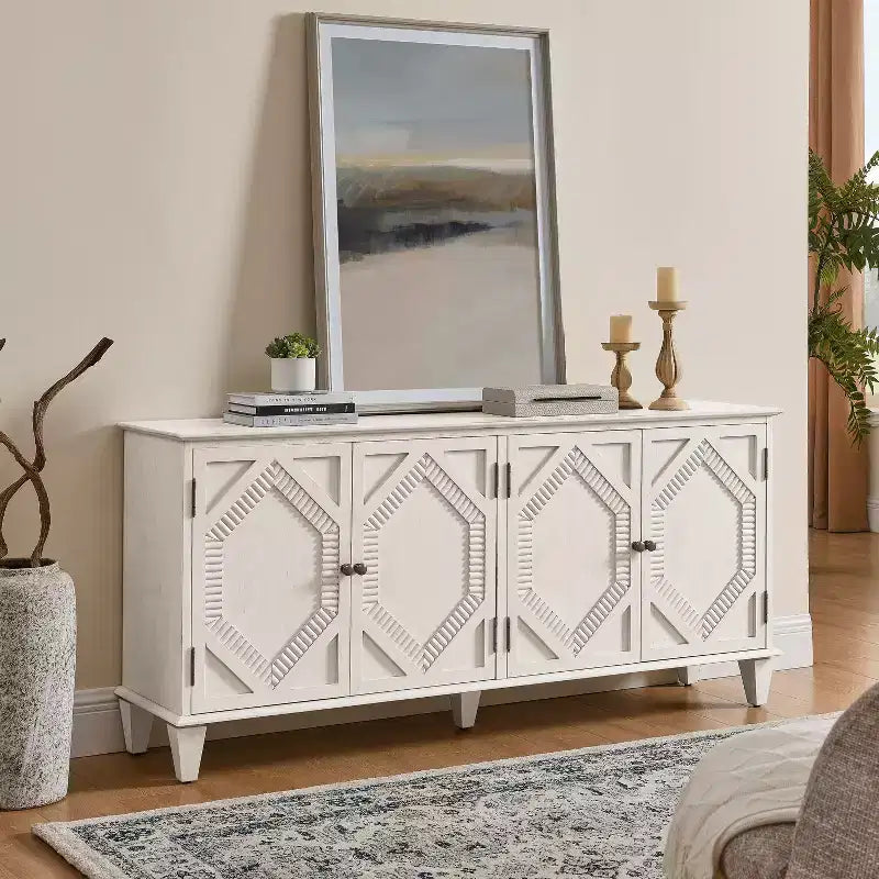 Madia buffet Okak Mid Century, mobile credenza con 4 ante e 4 ripiani, armadietto contenitore per soggiorno, ingresso, ufficio
