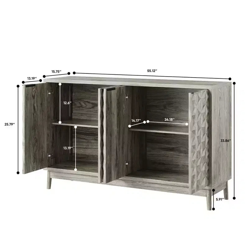 Okak buffet moderne, buffet avec 4 portes élégantes au design géométrique, meuble de rangement pour salon, bureau, cuisine