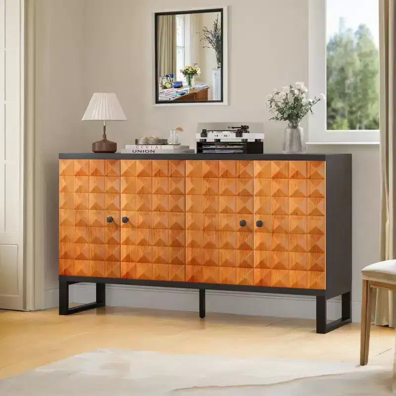 Okak buffet moderne, buffet avec 4 portes élégantes au design géométrique, meuble de rangement pour salon, bureau, cuisine