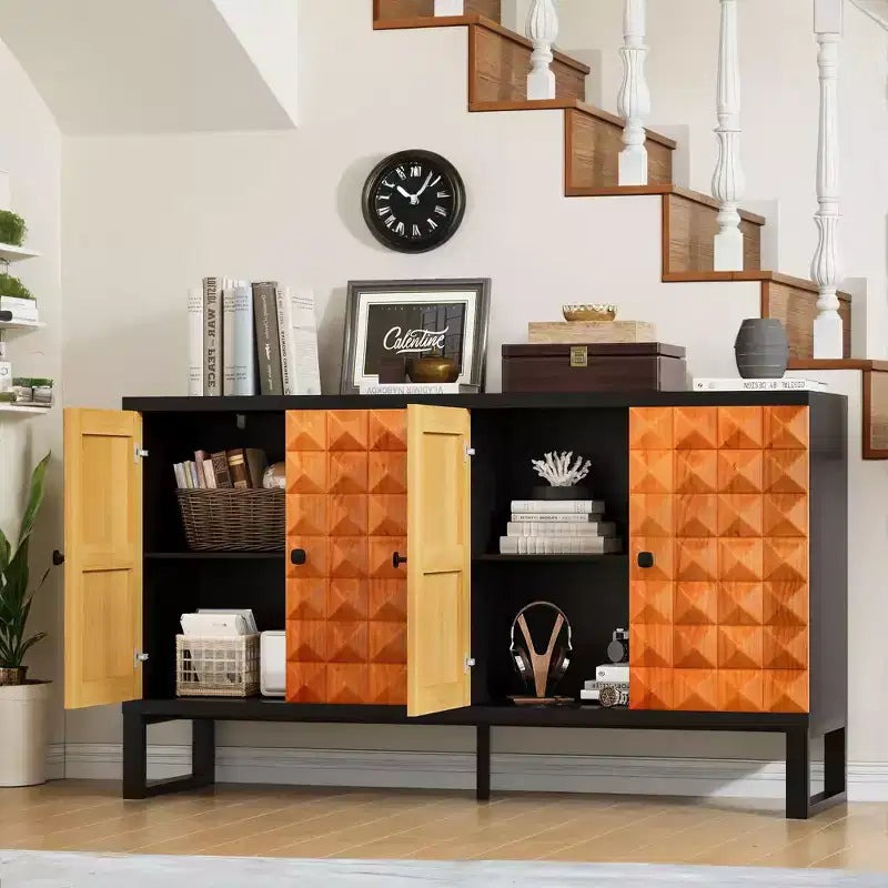 Okak buffet moderne, buffet avec 4 portes élégantes au design géométrique, meuble de rangement pour salon, bureau, cuisine