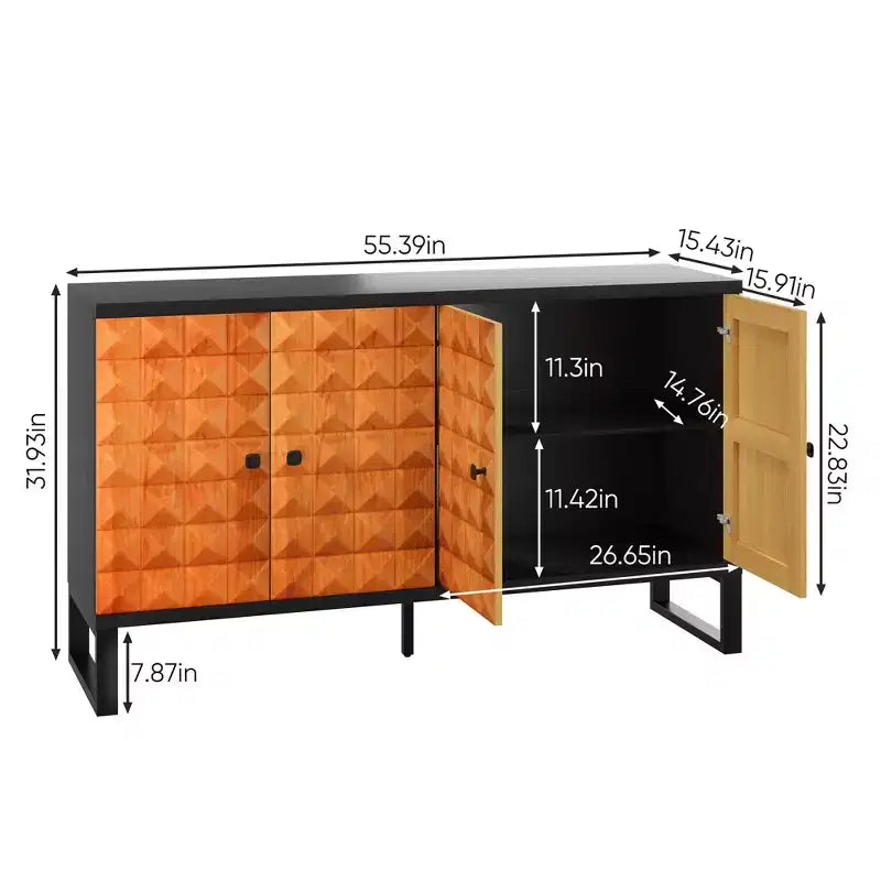 Okak buffet moderne, buffet avec 4 portes élégantes au design géométrique, meuble de rangement pour salon, bureau, cuisine