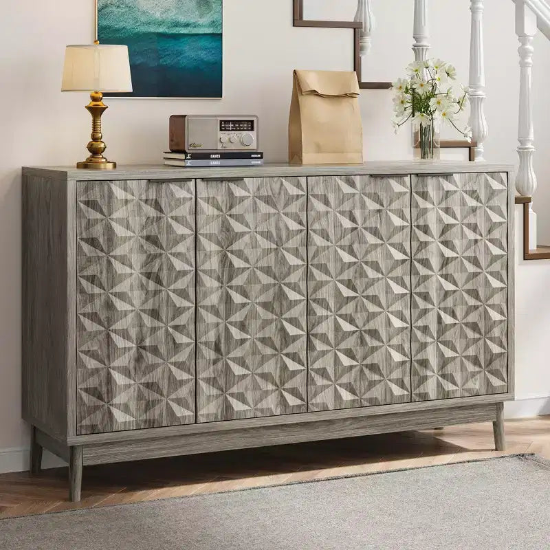 Mobile credenza moderno Okak, mobile buffet con 4 ante dal design geometrico elegante, armadietto contenitore per soggiorno, ufficio, cucina