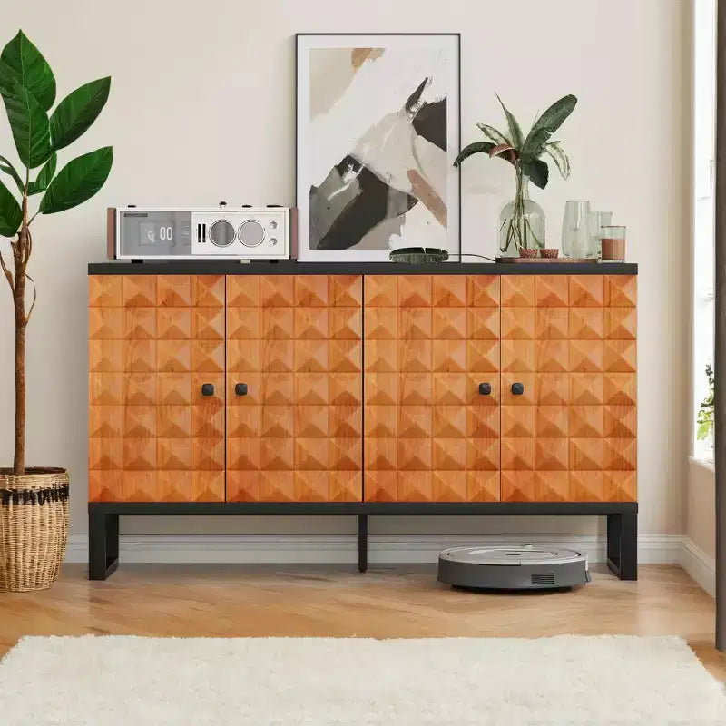 Mobile credenza moderno Okak, mobile buffet con 4 ante dal design geometrico elegante, armadietto contenitore per soggiorno, ufficio, cucina
