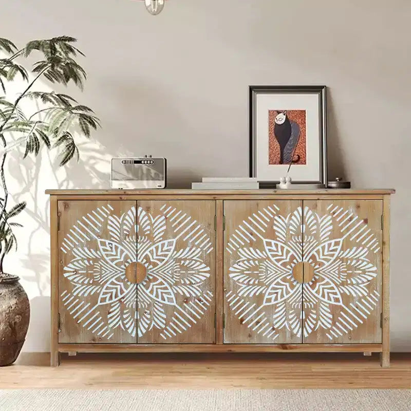 Okak 60in Mobiletto d'Appoggio Antico, Credenza Rustica in Legno con Quattro Ante Intagliate, Mobile Contenitore per Cucina, Sala da Pranzo