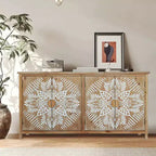 Okak 60in Mobiletto d'Appoggio Antico, Credenza Rustica in Legno con Quattro Ante Intagliate, Mobile Contenitore per Cucina, Sala da Pranzo