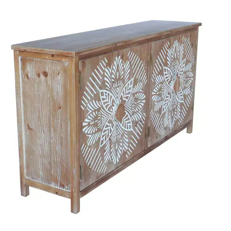 Okak 60in Mobiletto d'Appoggio Antico, Credenza Rustica in Legno con Quattro Ante Intagliate, Mobile Contenitore per Cucina, Sala da Pranzo
