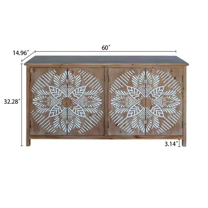 Okak 60in Mobiletto d'Appoggio Antico, Credenza Rustica in Legno con Quattro Ante Intagliate, Mobile Contenitore per Cucina, Sala da Pranzo