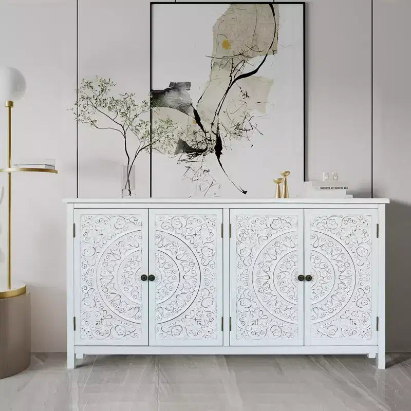 Okak 60in Mobiletto d'Appoggio Antico, Credenza Rustica in Legno con Quattro Ante Intagliate, Mobile Contenitore per Cucina, Sala da Pranzo