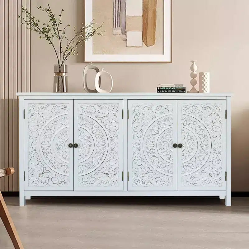 Okak 60in Mobiletto d'Appoggio Antico, Credenza Rustica in Legno con Quattro Ante Intagliate, Mobile Contenitore per Cucina, Sala da Pranzo