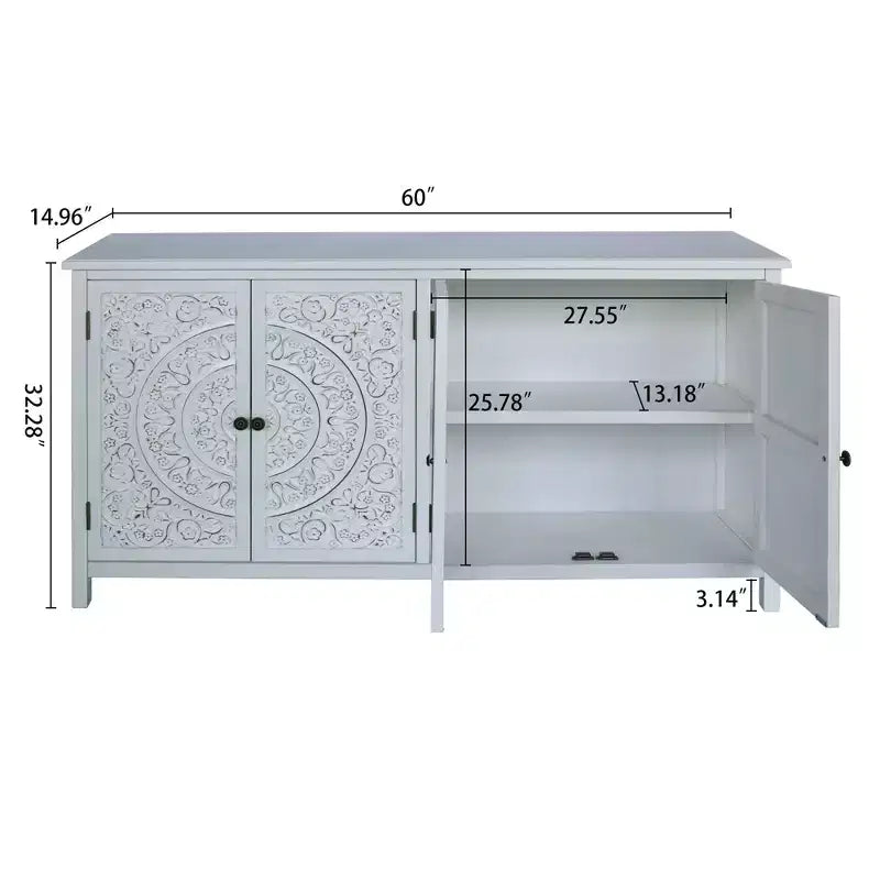 Okak 60in Mobiletto d'Appoggio Antico, Credenza Rustica in Legno con Quattro Ante Intagliate, Mobile Contenitore per Cucina, Sala da Pranzo